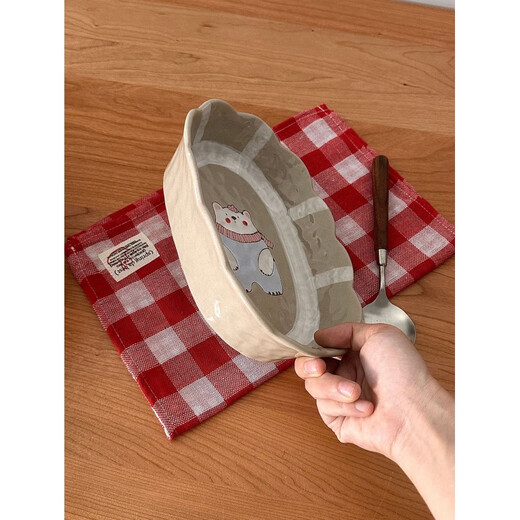 Dog bowl, cat bowl, ceramic cartoon, cute dog food bowl, rice bowl, snacks, water bowl, large capacity, anti-black chin, not easy to knock over, bear, cup not included, M size 21.5*15.5*5cm