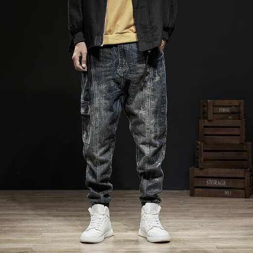Boyuni 2025 Frühlings- und Herbst-neuer Stil Binden Jeans für Männer Neun-Punkte Lose große Haremhosen Trendy Casual Casual 100 206 30 115-125jin [Jin entspricht 0,5 kg]