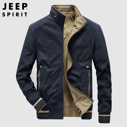 JEEP SPIRIT Jeep Jacket Men's Jacket Men's Autumn and Winter Stand Collar Washed Reversible Casual Men's Top Dark Blue 2XL