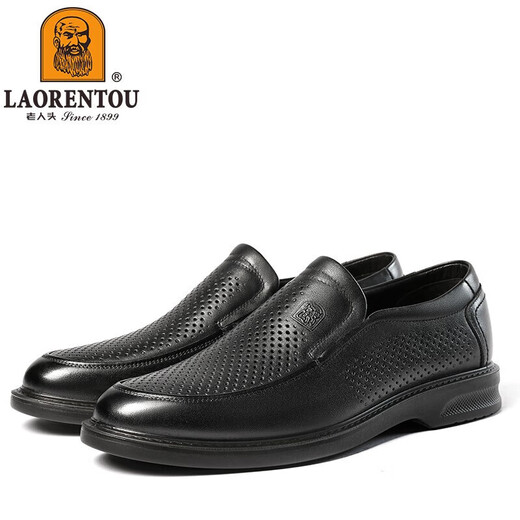 老人头（LAORENTOU）男皮鞋夏季镂空休闲鞋头层牛皮套脚鞋透气打孔鞋 LL12027 黑 44 