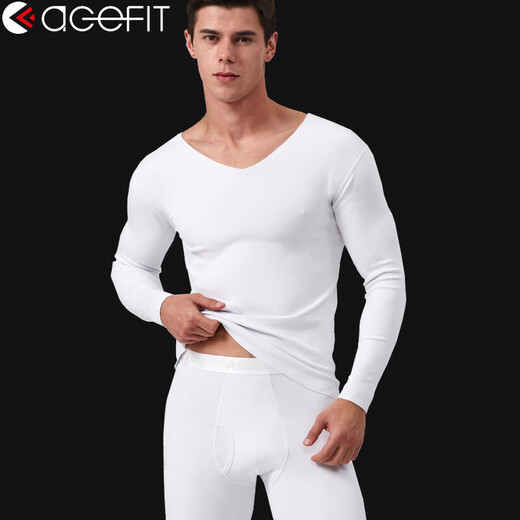 ACEFIT thickened modal cotton men's thermal underwear V-neck suit slim and seamless autumn clothes and long pants 318-white L
