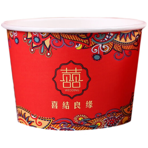 Murannuoer disposable bowl wedding disposable paper bowl thickened wedding red happy event bowl wedding banquet large and small bowls and chopsticks 850ml Baihunhaohe (50 pieces)