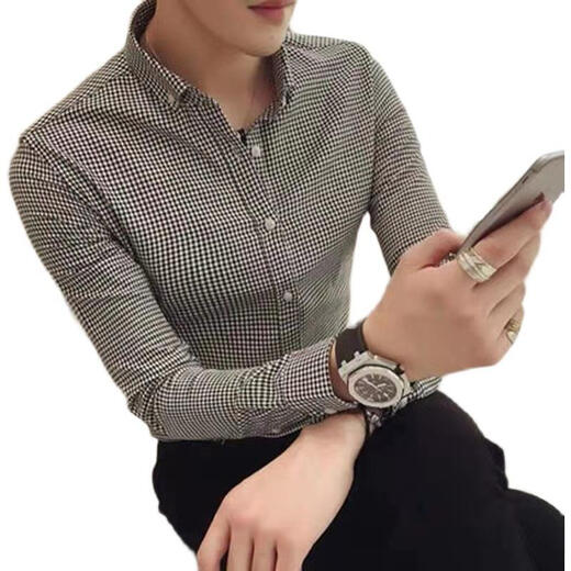 MGJO flannel shirt men's plaid shirt men's long-sleeved 12 spring and autumn high-end inner wear Korean version trendy slim and handsome no-iron casual business shirt 9923 small grid black XL 130Jin Jin equal to 0.5 kg to wear