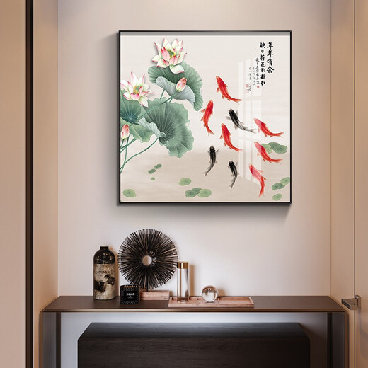 Xiaolulin Chinese style Jiuyu drawing decoration painting restaurant painting study office tea room hanging painting entrance entrance cabinet living room mural 15911 surplus year after year fabric painting 40*40 black frame (gold frame requires note