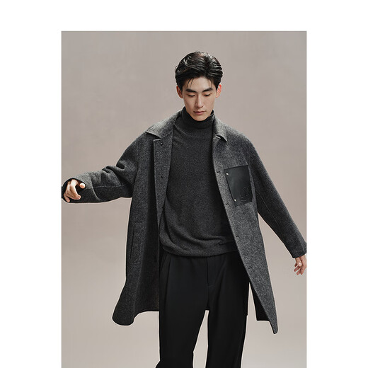 PEACEBIRD Men's Woolen Coat Mid-Length Men's Winter Loose Coat Casual Texture Commuting Black Gray L