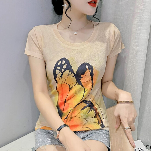 [Sonderpreis-Abholung] High-End Light Luxury Marke 2022 Sommer-Kurzärmel-T-Shirt für Frauen für das Retro-gedruckte modische Hemd für Frauen, schlank und schlank halbärmelig für Frauen Blue Butterfly (7027) XL (Empfohlen 121-130jin [Jin gleich 0,5 kg]))