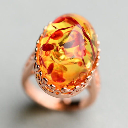 Chengyuanxiang CREORISETIN natural flower amber ring, raw stone, beeswax amber two-color ring, sterling silver inlay, live female best friend's birth year gift, flower amber ring