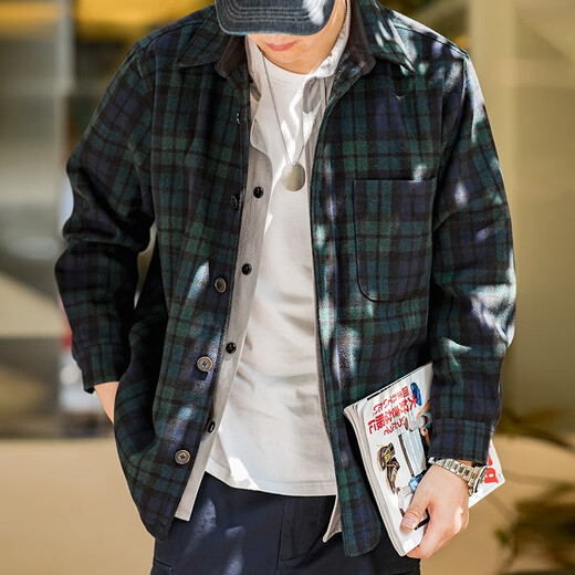 马登工装 复古羊毛混纺格子外套厚实格纹ins帅气休闲夹克男 蓝绿格 L