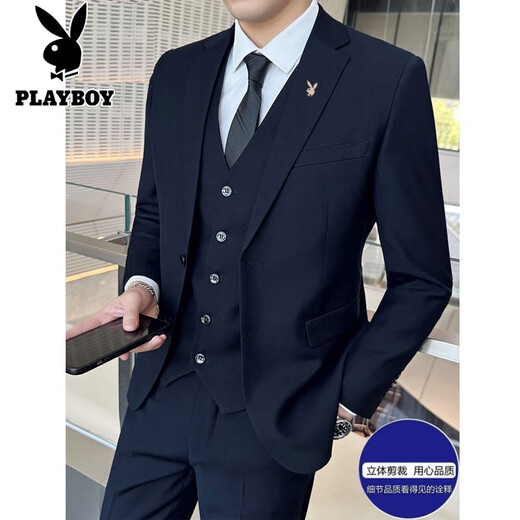 Playboy костюм мужской бизнес-стройный костюм Профессиональный костюм маленький костюм Лучший мужчина свадебное платье с тремя частями черное двойное костюм + жилет + рубашка + большой подарочный пакет xl [115-130Jin [Jin равно 0,5 кг]]]]