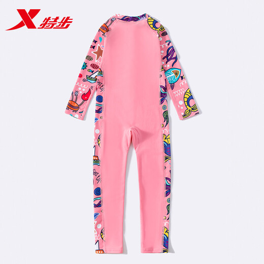 Xtep Children's Swimsuit Girls 2022 New One-piece Girls' Professional Training Swimwear for Large Children, Sunscreen Swimming Equipment, Octopus Tender Pink, Short Sleeves - Highly Effective Sunscreen, Size 12, Recommended Height 125-135cm