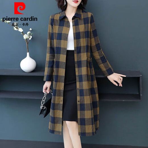 Pierre Cardin pure cotton plaid mid-length shirt for women spring and autumn new style large d size over-the-knee windbreaker loose long-sleeved shirt jacket plaid XL recommended 120-136 Jin Jin equals 0.5 kg