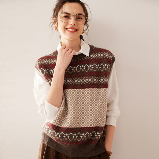 Mushi Cashmere Weste für Frauen rundes Nackenkaschmirweste für Frauen farblich blockieren Jacquard Neues Strickhemd Dicke SM3523R Green M.