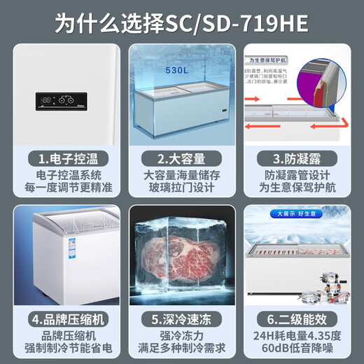 海尔（Haier）冰柜商用大容量卧式展示柜雪糕柜透明玻璃门推拉门冷冻展示冰激凌柜冻品展示柜超市大容量岛柜冷柜 冻藏转换丨平面玻璃门丨719HE丨 530L