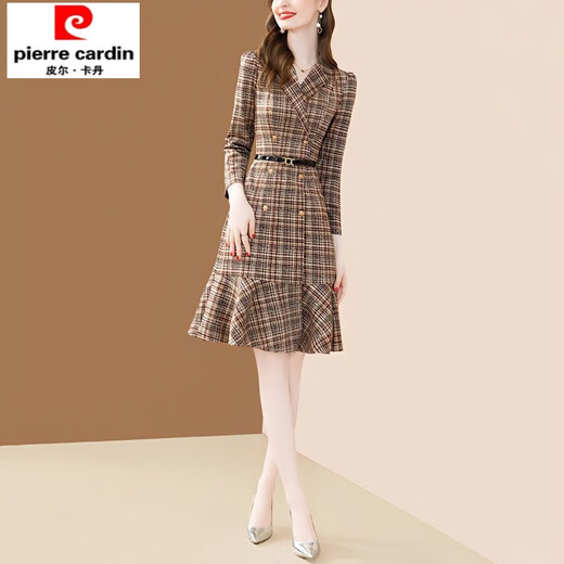 Chudiao temperament plaid suit collar dress for women 2025 autumn and winter new style waist tie mid-length fishtail a-line skirt color XL