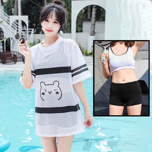 千趣韵泳衣女夏分体式三件套新款微胖女孩保守遮肚显瘦大码泳装保守 傲6625三件套-黑色 3XL建议125-145斤