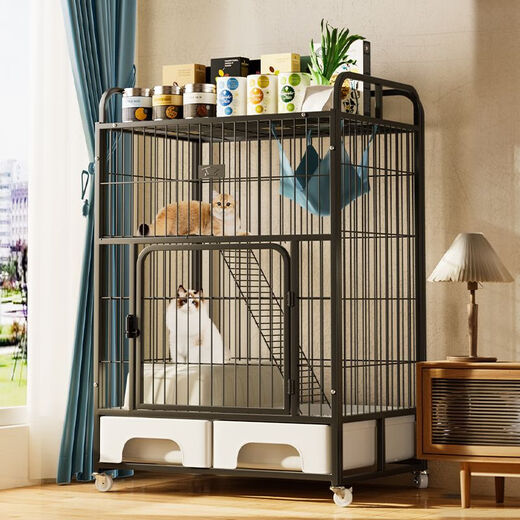 Raft core cat cage with toilet, suitable for 2 big cats, indoor double-layered three-story cat villa with extra large free space, new black, second floor, with closed basin, package 1, double bowls + straps + shovel