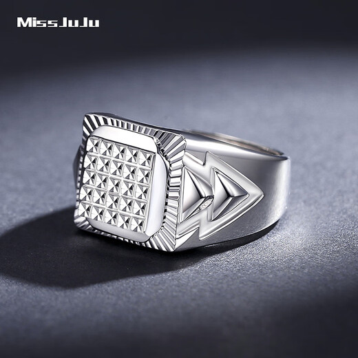 Miss JuJu platinum wide face thick ring for men PT950 white gold rhombus face shiny car flower ring live adjustable weight 16.10 grams