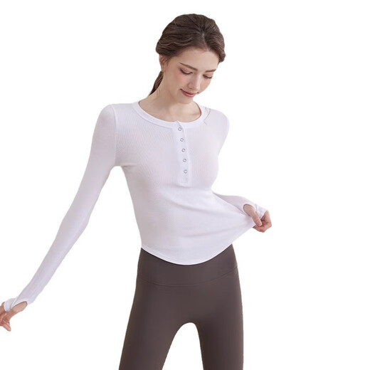 LULU CENTURY Slim Casual Button Yoga Wear Women's Long Sleeve 2025 New Slim Fitness Pilates Sports Top Training Wear White Top L