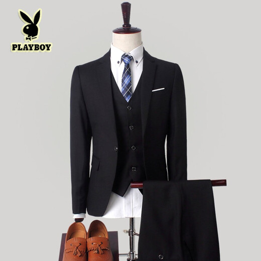 Playboy Winter Suit Men's British Lang Wedding Suit Slim Three-piece Business Formal Casual Suit Black S