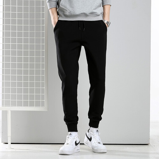 Mulinsen sweatpants men's summer thin loose straight casual pants men's autumn and winter plus velvet thickened warm trousers loose plus size youth outdoor running wardrobe pants men 719 black tying feet (regular) L