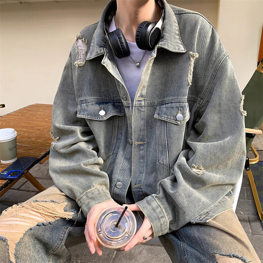 衣然呈品夹克男士春夏款休闲复古破洞高街潮牌痞帅宽松百搭保暖牛仔外套男 蓝色【常规】 L 【建议105-125斤】