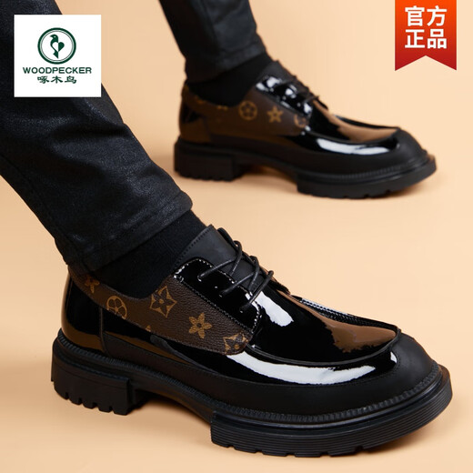 Woodpecker Men's Leather Shoes Genuine Leather Casual Glossy Round Toe British Style Leather Shoes Men's Business Formal Inner Height Thick Sole Trendy Shoes Black Regular Style 39
