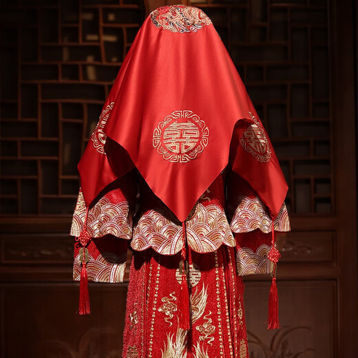茨格曼红盖头新娘结婚头纱中式秀禾服复古红色绣花缎面流苏刺绣新年礼物 团花羽凤85*85