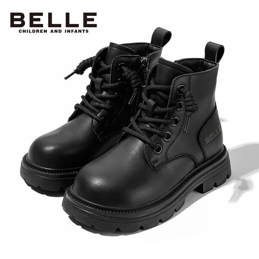 Belle children's shoes winter children's boots girls fashionable leather boots baby warm plus fleece Martin boots black size 37