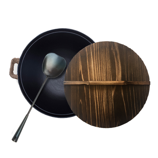 Zhensanhuan cast iron pot, wok, stew pot, soup pot, uncoated, non-stick wok, old-fashioned pot, thick bottom, thin edge pot set, 36cm wok + shovel + wooden lid, 3-piece set