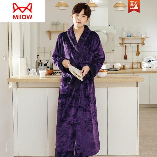 MiiOW flannel nightgown for men in spring and autumn thickened long-sleeved bathrobe coral velvet large size one-piece pajamas thick autumn and winter gray splicing style [men] XL suitable for 160-200Jin [Jin equals 0.5 kg]