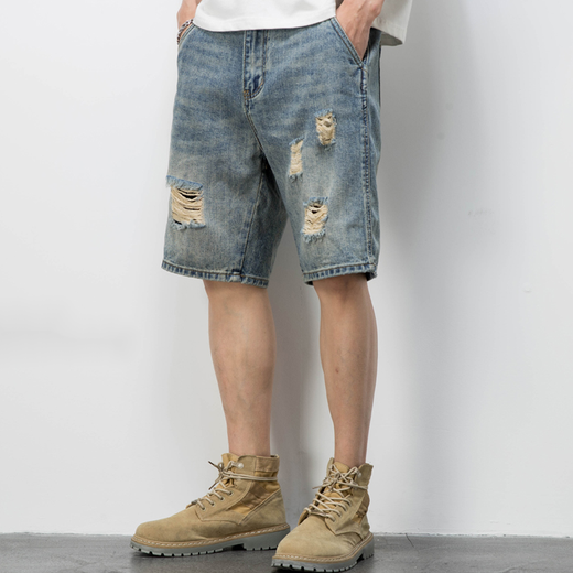 Boyuni American Casual Retro Bettler zerrissen Denim Shorts Männer lose trendige hübsche fünf Punkte Hose Dünne mittelgroße Hosen PG-719 Blau 30