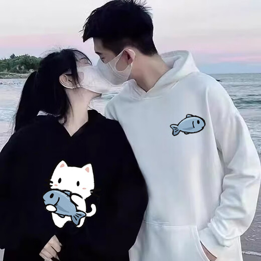 MDlila <Two-piece> Couple's Sweatshirt Autumn and Winter Suit Red One Man and One Woman Loose Hooded Jacket Fish-Eating Cat Male Black + Female Black (Spring and Autumn Style) XL Male + Female M