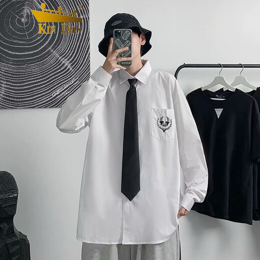 KIN DON长袖衬衫男dk制服感衬衫男学院风白衬衣宽松高中生领带班服上衣 白色 L