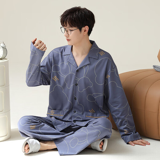 浪莎（langsha）男款睡衣2025新款春秋款可外穿长袖青少年男士大码秋季纯棉家居服 OMM-12004 XL