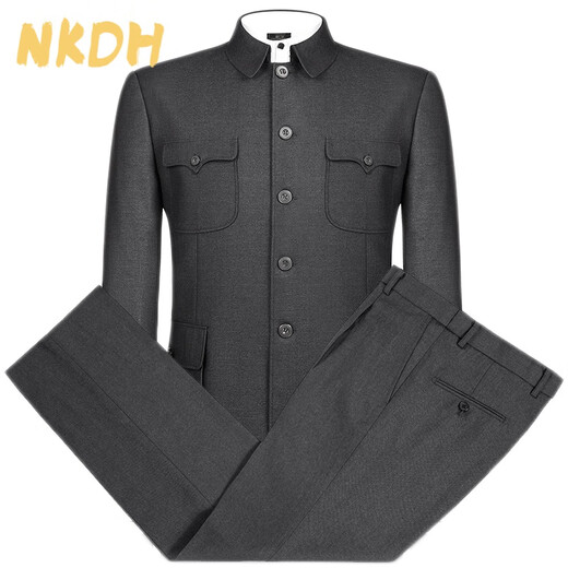NKDH luxury brand tunic suit for men, middle-aged and elderly, spring, autumn and winter, lapel woolen tunic suit for the elderly, dark gray, moderate thickness, L 175/ 74