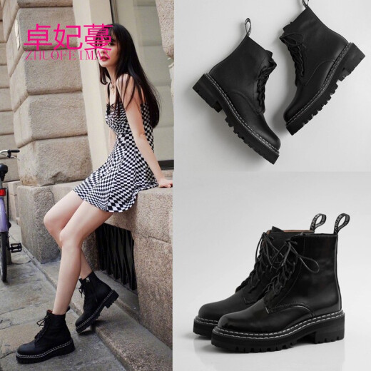 Zhuofeiman Martin boots for women British style thick-soled leather short boots for women Yang Mi's same style women's boots 2020 spring and autumn new breathable lace-up motorcycle short boots black matte 38