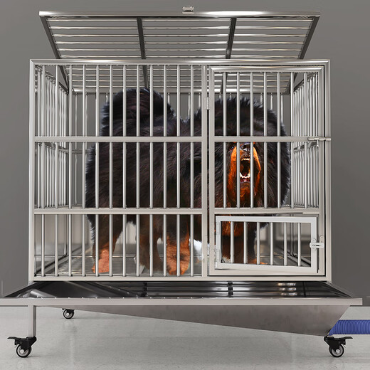 HKML stainless steel dog cage, large dog cage, medium-sized dog cage with separate toilet flushing funnel tray, small dog kennel, mother and child cage - length 150*width 100*height 135cm, stainless steel 202 hollow round tube cage + skylight + funnel tray - dog bowl included