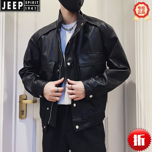 JEEP SPIRIT high-end American workwear leather jacket men's trendy casual men's jacket spring and autumn men's trendy brand handsome leather jacket green 8848 L recommended 110-130Jin Jin equals 0.5 kg