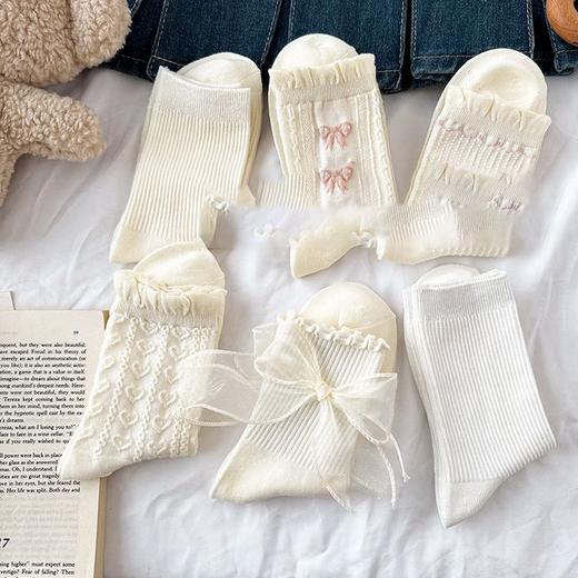 White socks for women summer cute socks lace Mary Jane with small leather shoes mid-calf socks for women spring and autumn flesh-colored big bow 1 pair 1 pair lace socks