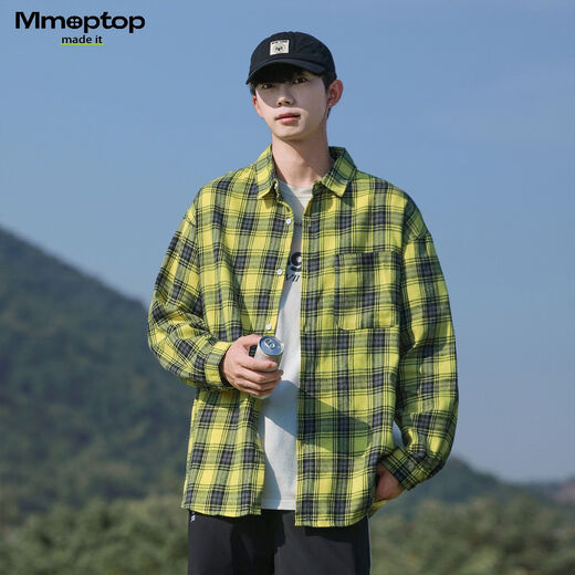 MMOPTOP日系复古长袖格子衬衫男士秋冬季潮流宽松休闲外套6062 咖啡 L