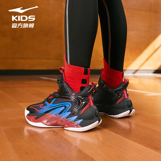 Hongxing Erke (ERKE) children's shoes, medium and large children's sneakers, children's 24 new boys' knob buckle cushioning basketball shoes, black/red red 37