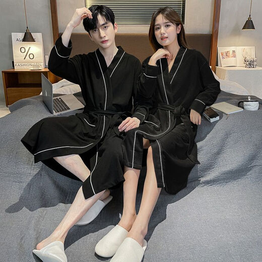 Catman (MiiOW) waffle high-end bathrobe couples solid color nightgown spring and autumn summer universal long-sleeved integrated bathrobe ZBB-2229 black men XL _125-150Jin [Jin equals 0.5 kg]