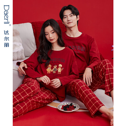 Darli red round neck couple pajamas for women spring and autumn pure cotton long-sleeved cartoon print wedding year red home clothes for men T8245243-029-red women M