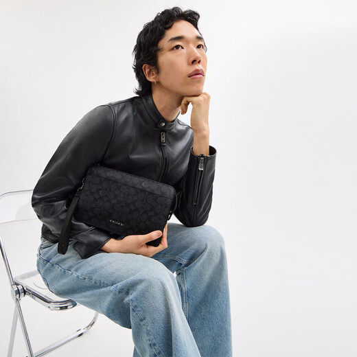 COACH Exclusive Direct Drop Outlet Men's Bag Classic Logo Presbyopia Zipper Long Clutch Wallet QB/Charcoal Black/Black