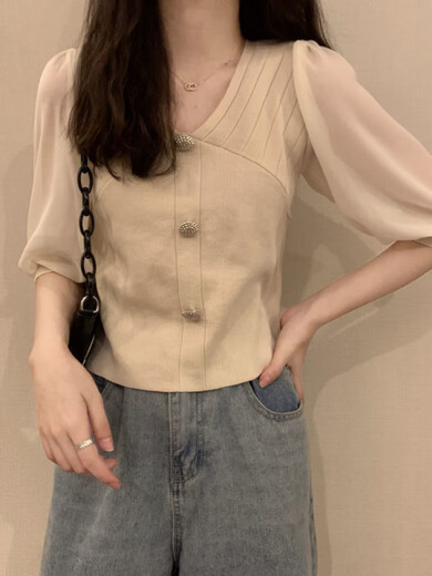 Direction simple 2025 Été Nouveau glace en soie en mousseline de mousseline en V épisse en V Sweater à manches courtes Lady Lame de base mince de base courte MCL 3523 Black One Size (70-125jin [Jin est égal à 0,5 kg] peut être usé) peut être porté)