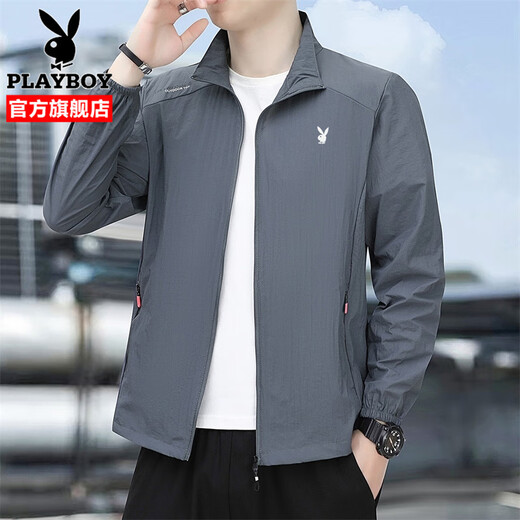 PLAYBOY Sun Protection Jacket Men's Ice Silk Jacket Summer Men's 2025 New Fashion Casual Thin Cool and Breathable Dark Gray XL