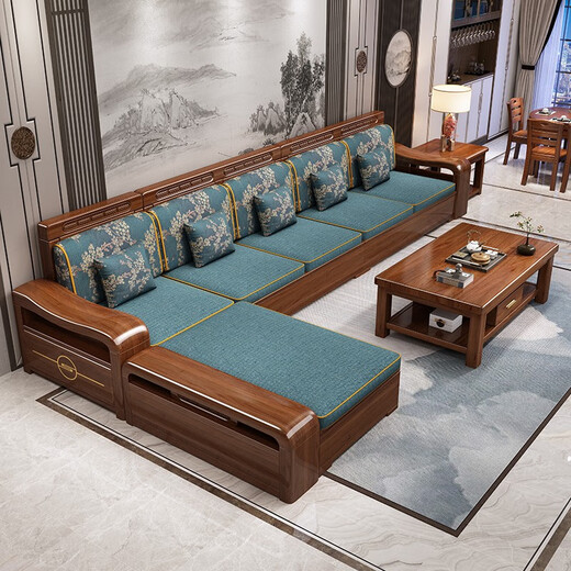 Chenya Sofa Walnut full solid wood sofa combination modern Chinese living room winter and summer storage wood furniture four-person seat + imperial concubine couch + tea table