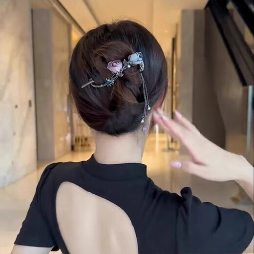 两世欢花朵发夹女2026新款古风扭扭夹后脑勺夹子头饰高级感流苏盘发 枪黑色