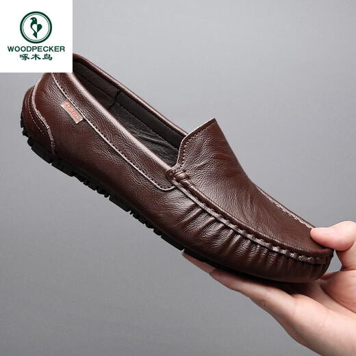 
Woodpecker Beanie Shoes Men's Summer Soft Leather Hollow Breathable British Style Business Casual Ice Leather Shoes Soft Sole Driving Lazy Shoes 9901 (Breathable) Brown 38 [Standard Leather Shoe Size]