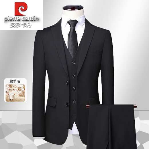 Pierre Cardin light luxury French haute couture wool suit for men, high-end business slim solid color professional suit, groomsman suit, black top + trousers L 175/48 size